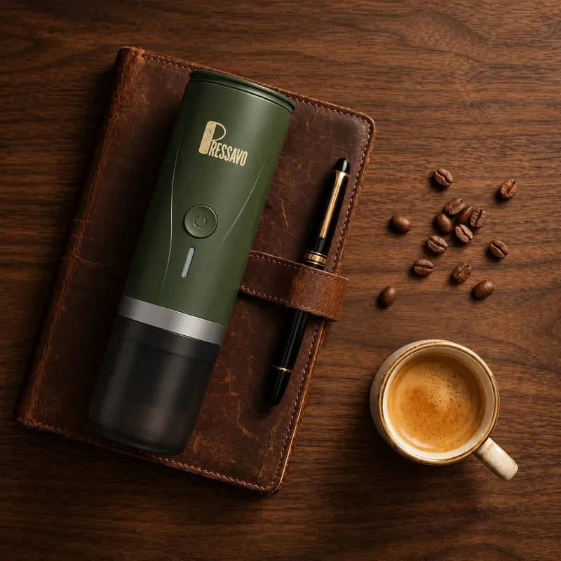 PRESSAVO portable espresso maker on a leather notebook beside coffee beans
