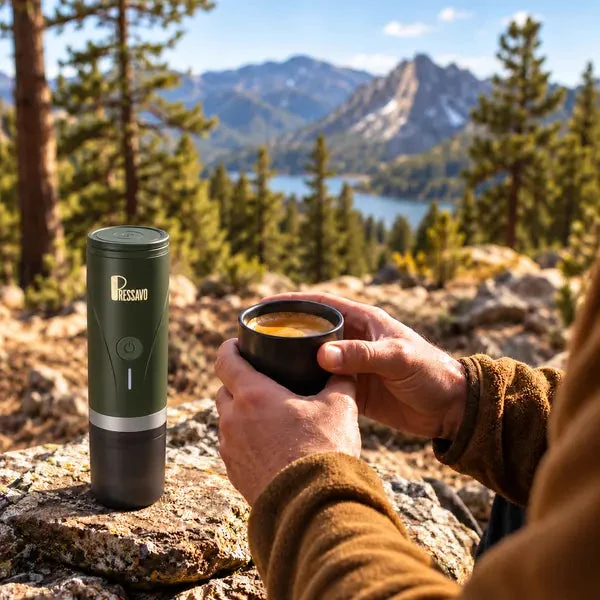 PRESSAVO portable espresso maker with coffee during an outdoor trip