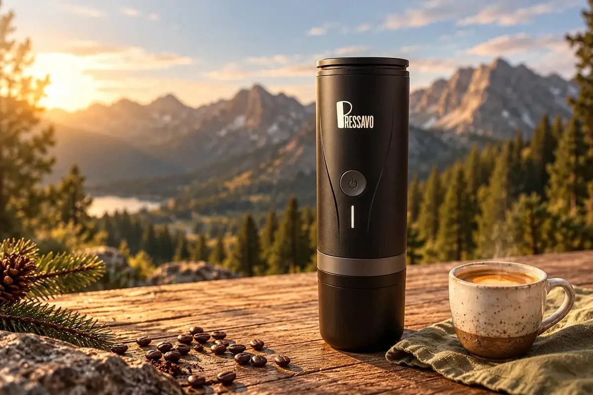 Black PRESSAVO portable espresso maker in an outdoor mountain setting