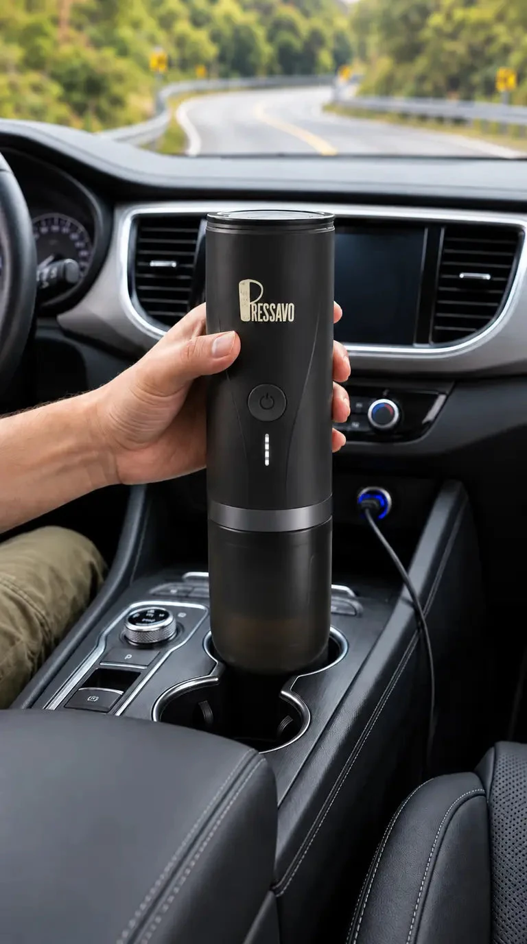 PRESSAVO portable espresso maker in a car console